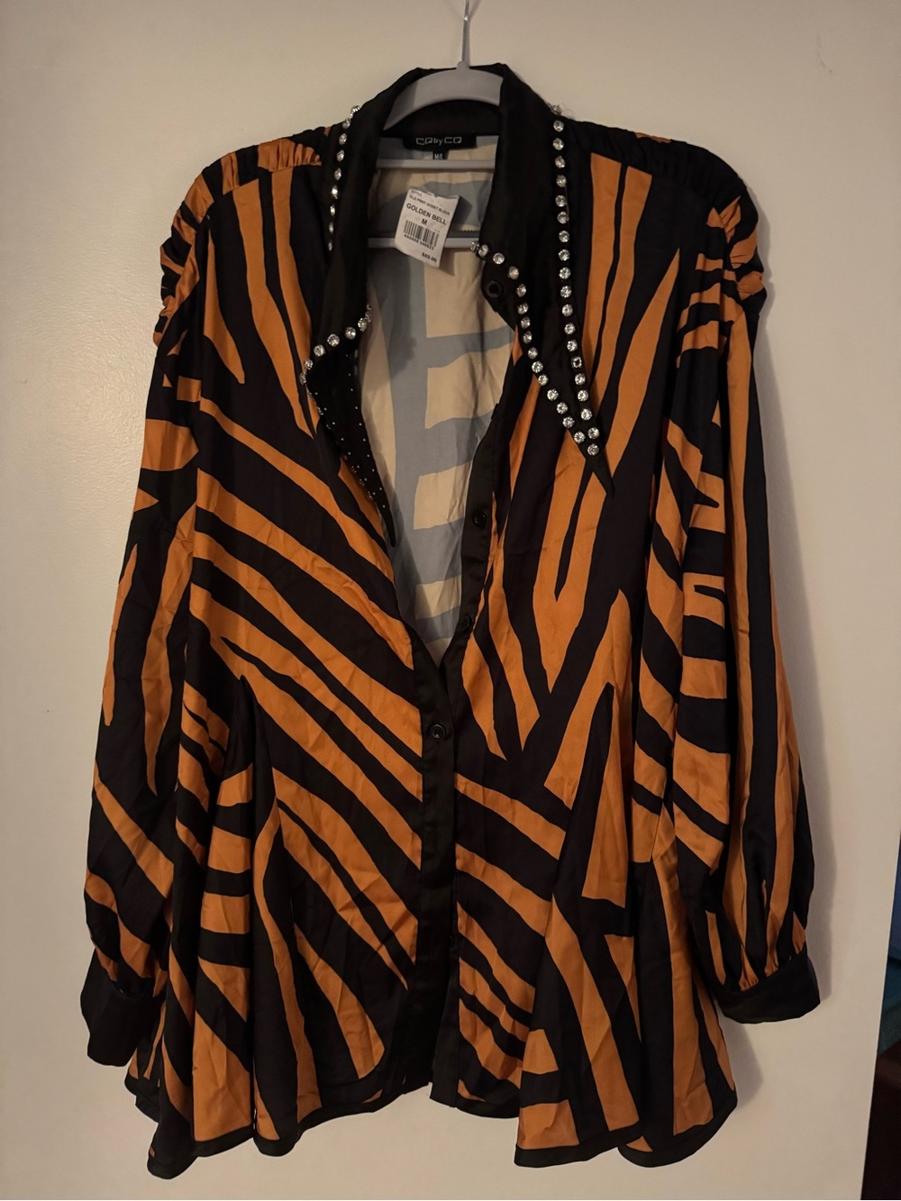 CQ by CQ Stud-Trim Black & Orange Tiger Print Button Front Top